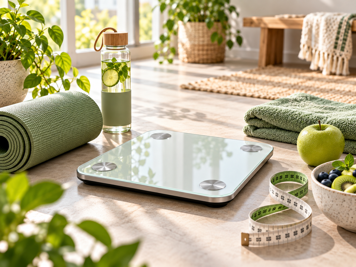 A bathroom scale beside citrus water and folded green towels