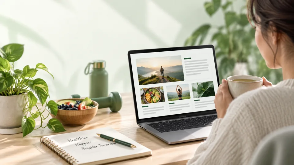 A person reading a wellness website at a desk with plants and a notebook
