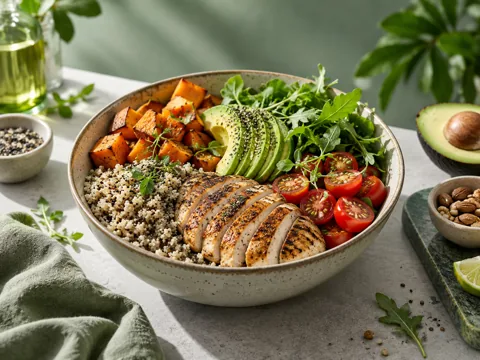 A bowl of grilled chicken, grains, avocado and colorful vegetables