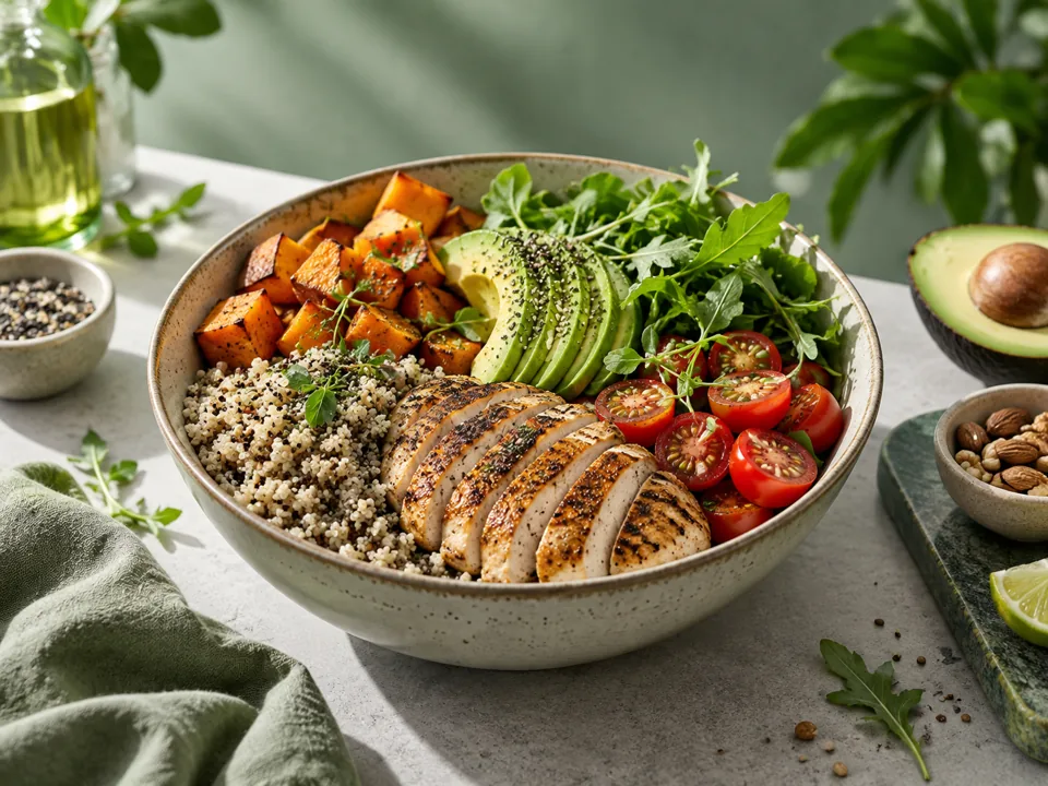 A bowl of grilled chicken, grains, avocado and colorful vegetables