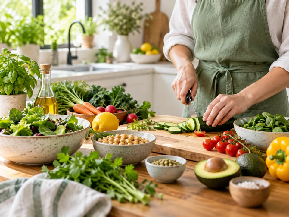 Vegetables being prepared in a bright home kitchen