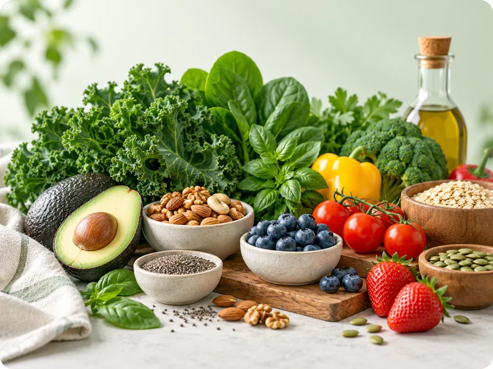 Fresh vegetables, fruit, nuts and whole foods arranged on a table