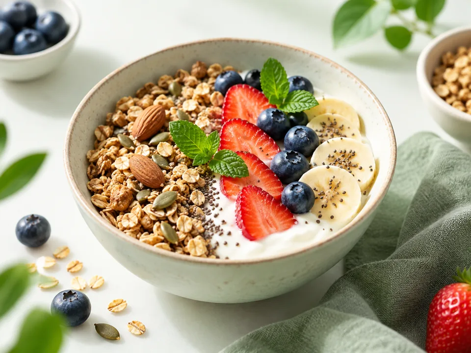 Yogurt topped with berries, oats and nuts