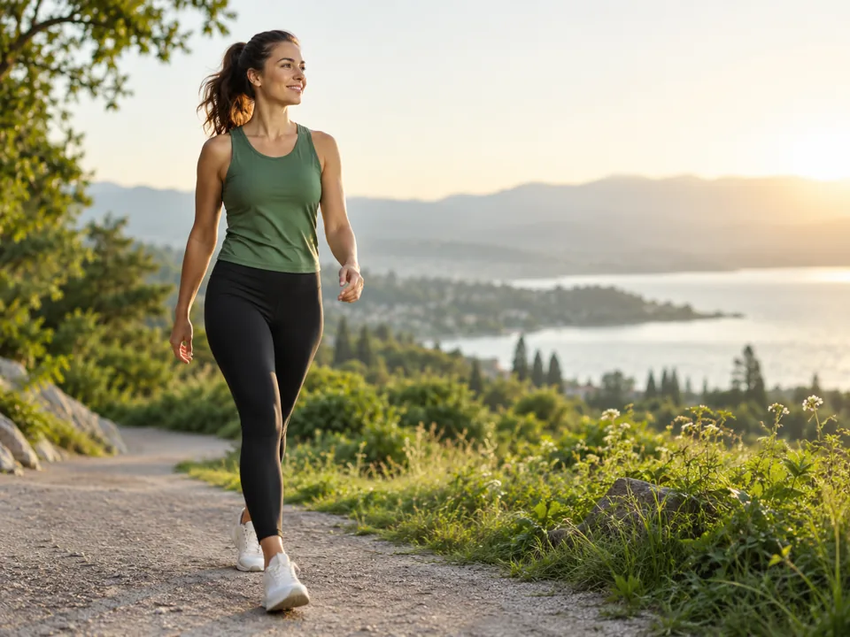 A person walking along a lakeside trail in warm sunlight