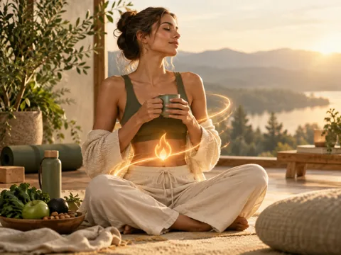 A person resting with a warm drink beside a sunlit window