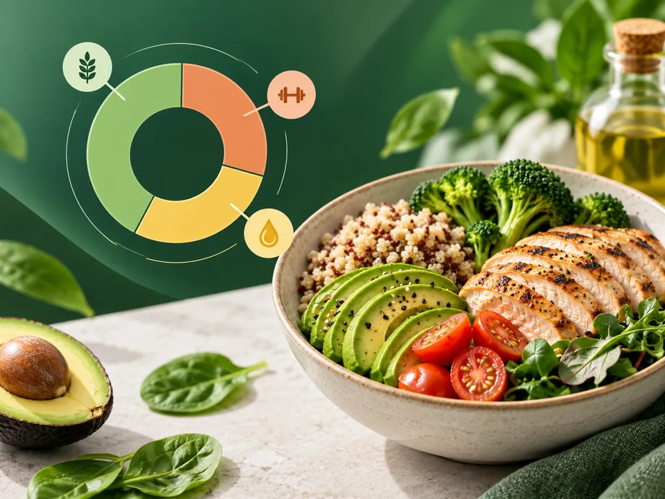 Balanced meal with chicken, vegetables and a nutrition graphic