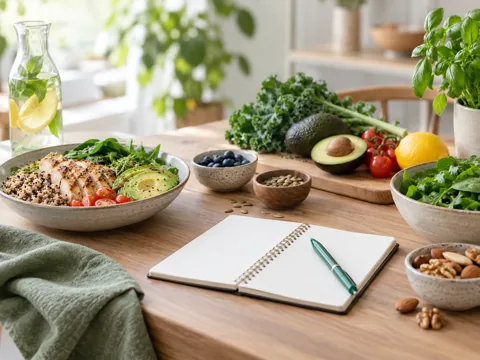 A balanced meal beside a notebook and fresh ingredients