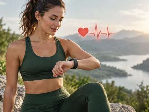 A person checking a fitness watch at a lakeside overlook