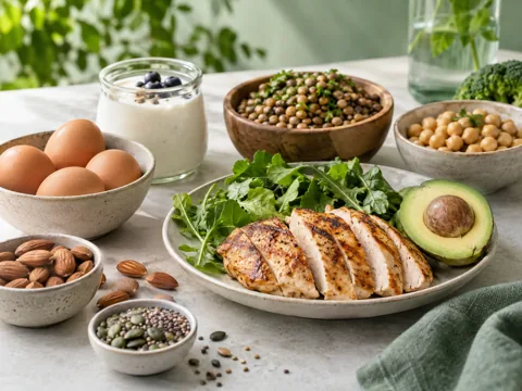 Chicken, eggs, yogurt, chickpeas and nuts arranged on a table