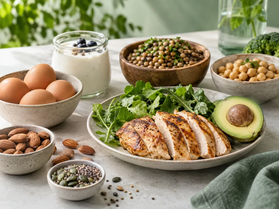 Chicken, eggs, yogurt, chickpeas and nuts arranged on a table