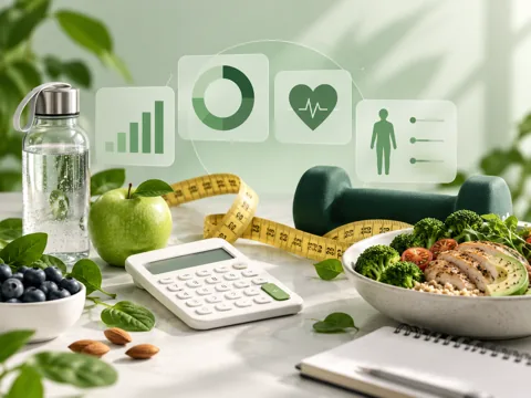 A measuring tape, calculator and fitness equipment with wellness charts