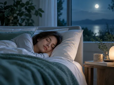 A person asleep in a peaceful bedroom beside a moonlit lake