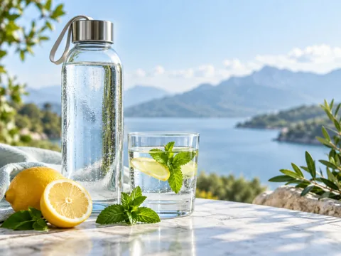 Lemon and mint water in a glass and bottle overlooking a lake