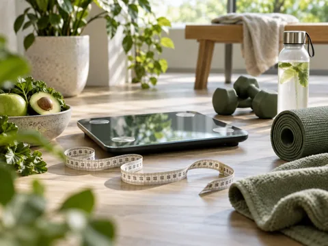 A measuring tape with exercise equipment in a bright room