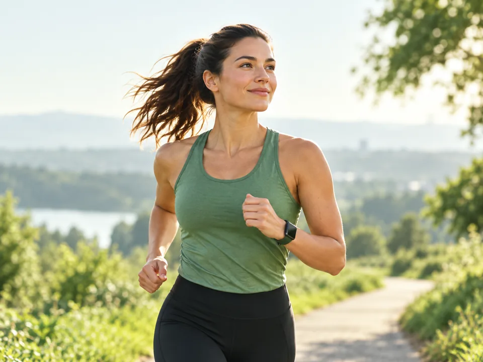 A runner on a sunlit trail surrounded by green hills