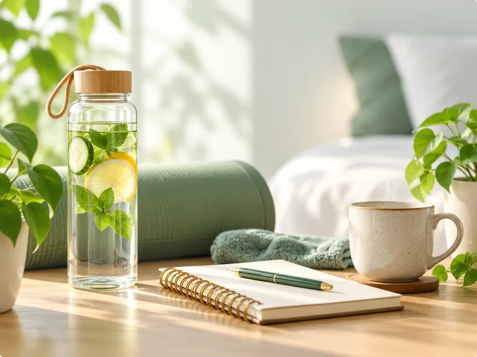 A journal, citrus water and a mug beside a yoga mat in morning light