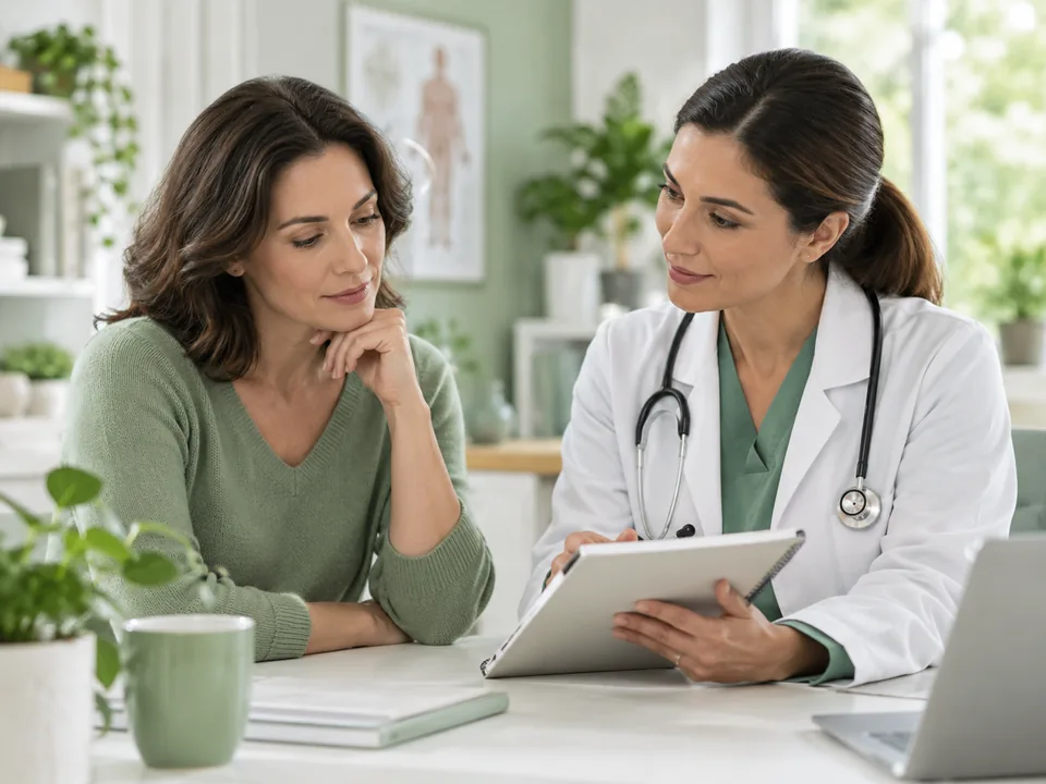 A clinician and patient discussing health information