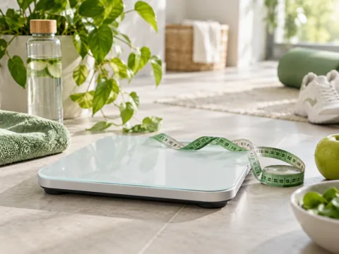 A bathroom scale with a measuring tape and green towels