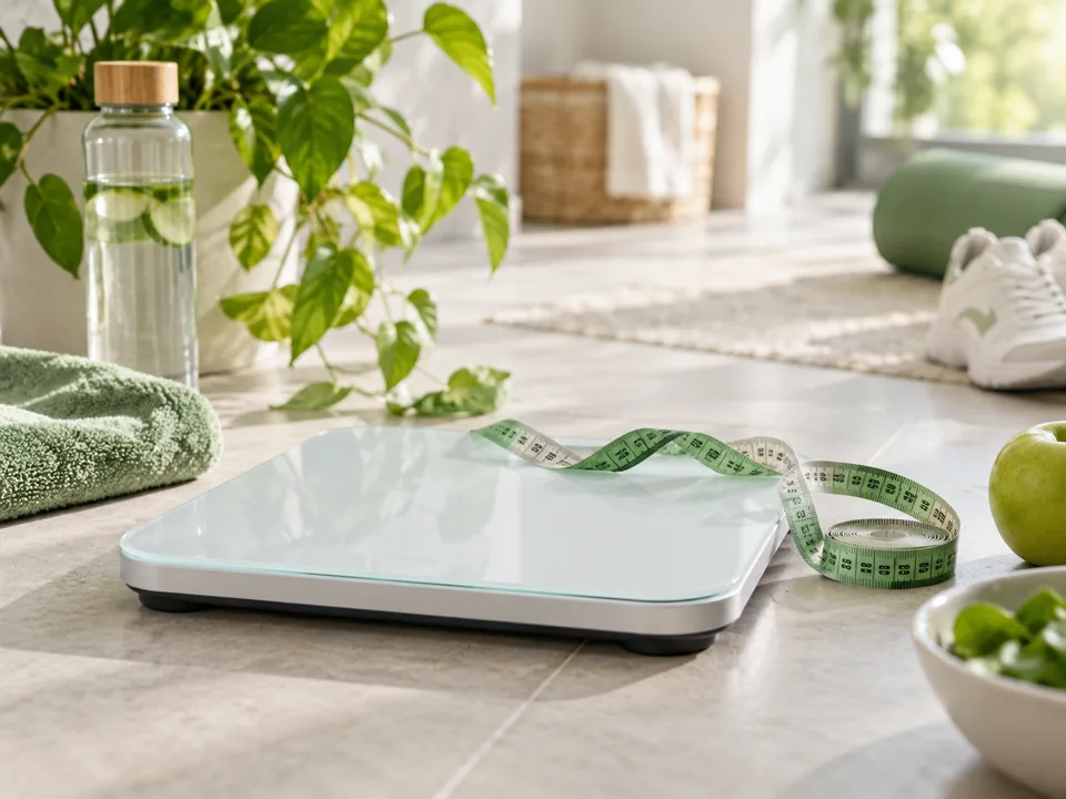 A bathroom scale with a measuring tape, green towels and citrus water
